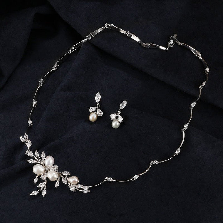 Minimalist Pearl and Flower Fashion Bridal Necklace and Earrings Set - Perfect for Weddings Parties and Formal Occasions with a Touch of Freshness and Elegance - WonderlandByLilian