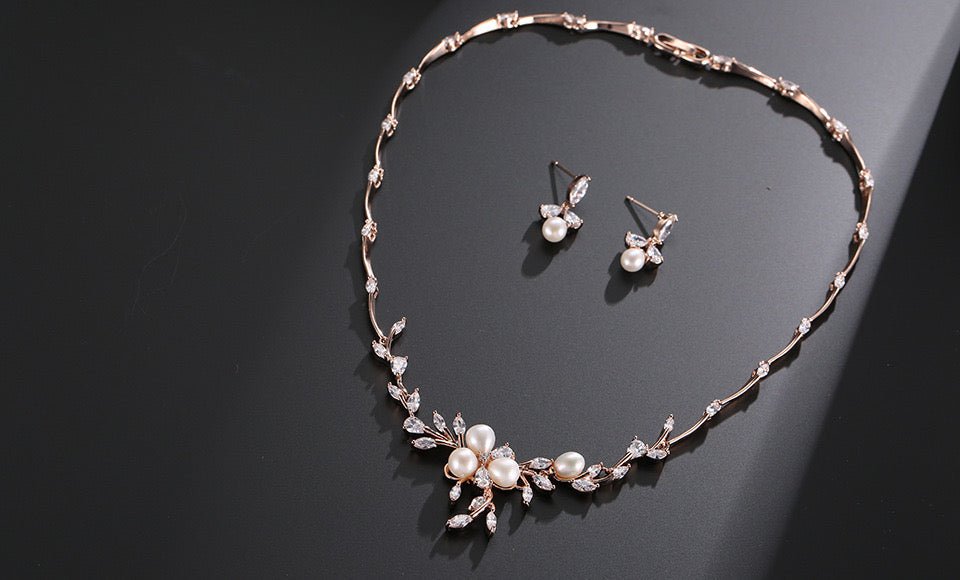 Minimalist Pearl and Flower Fashion Bridal Necklace and Earrings Set - Perfect for Weddings Parties and Formal Occasions with a Touch of Freshness and Elegance - WonderlandByLilian