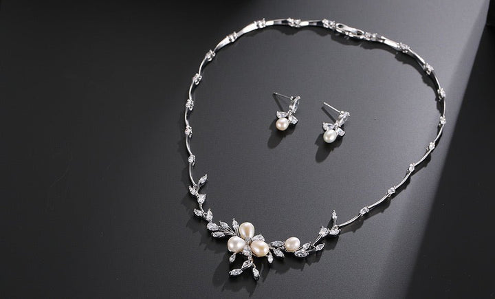 Minimalist Pearl and Flower Fashion Bridal Necklace and Earrings Set - Perfect for Weddings Parties and Formal Occasions with a Touch of Freshness and Elegance - WonderlandByLilian