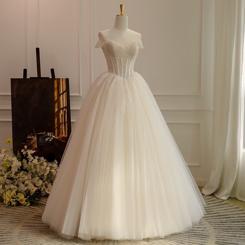 Modest Lace Corset Wedding Dress With Short Sleeves - Plus Size - WonderlandByLilian