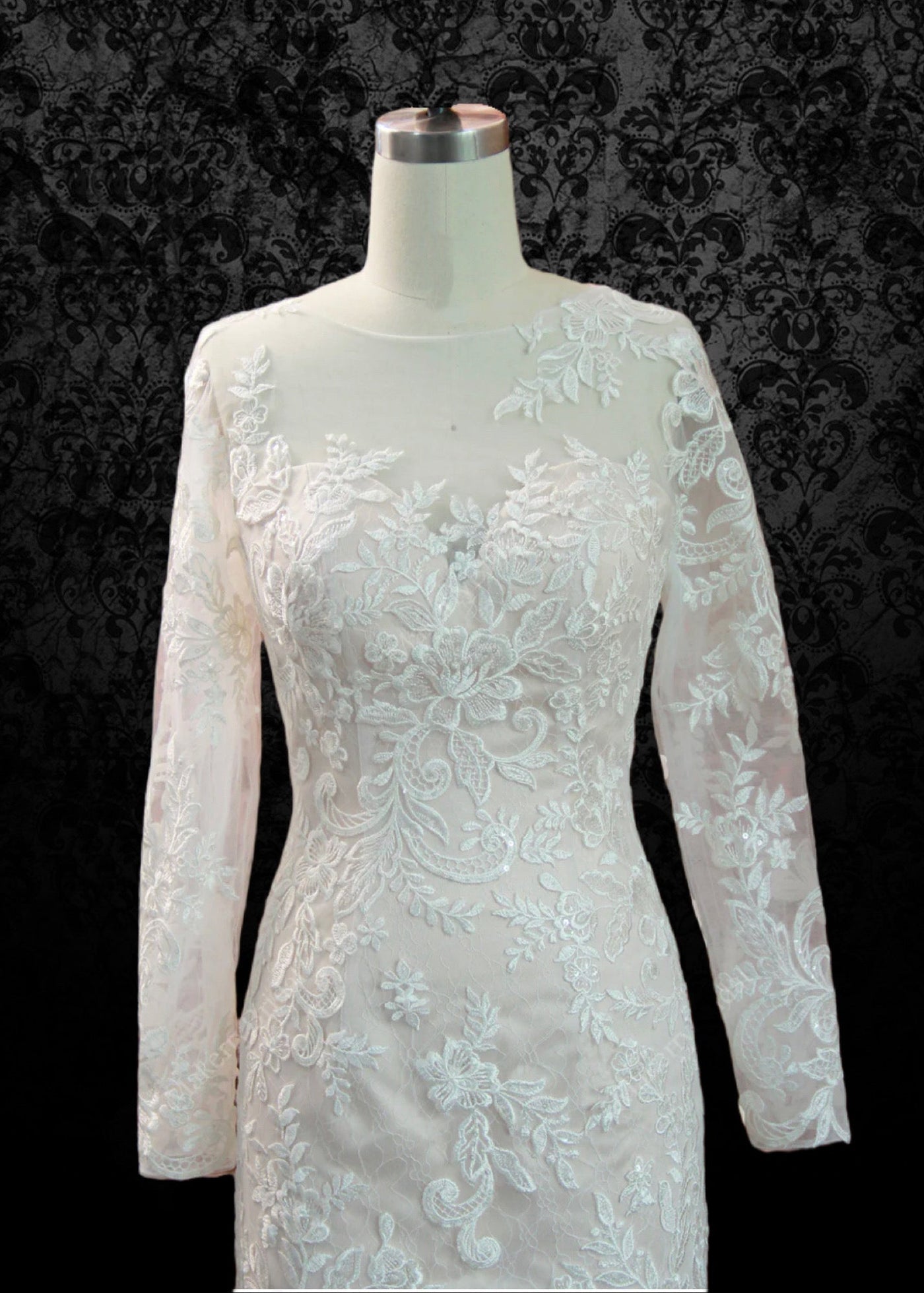 Modest Lace V-Neck Embroidery Mermaid Wedding Dress With Long Sleeves - Plus Size - WonderlandByLilian