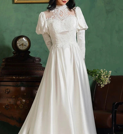 MODEST LACE VICTORIAN WHITE WEDDING DRESS - FRENCH STYLE PLUS SIZE - WonderlandByLilian