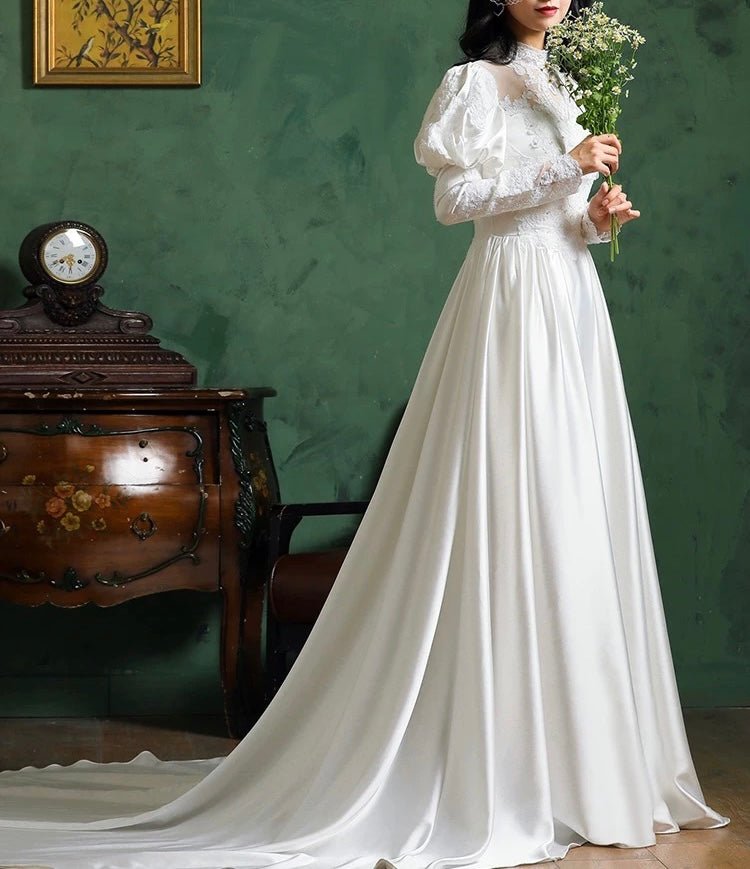 MODEST LACE VICTORIAN WHITE WEDDING DRESS - FRENCH STYLE PLUS SIZE - WonderlandByLilian
