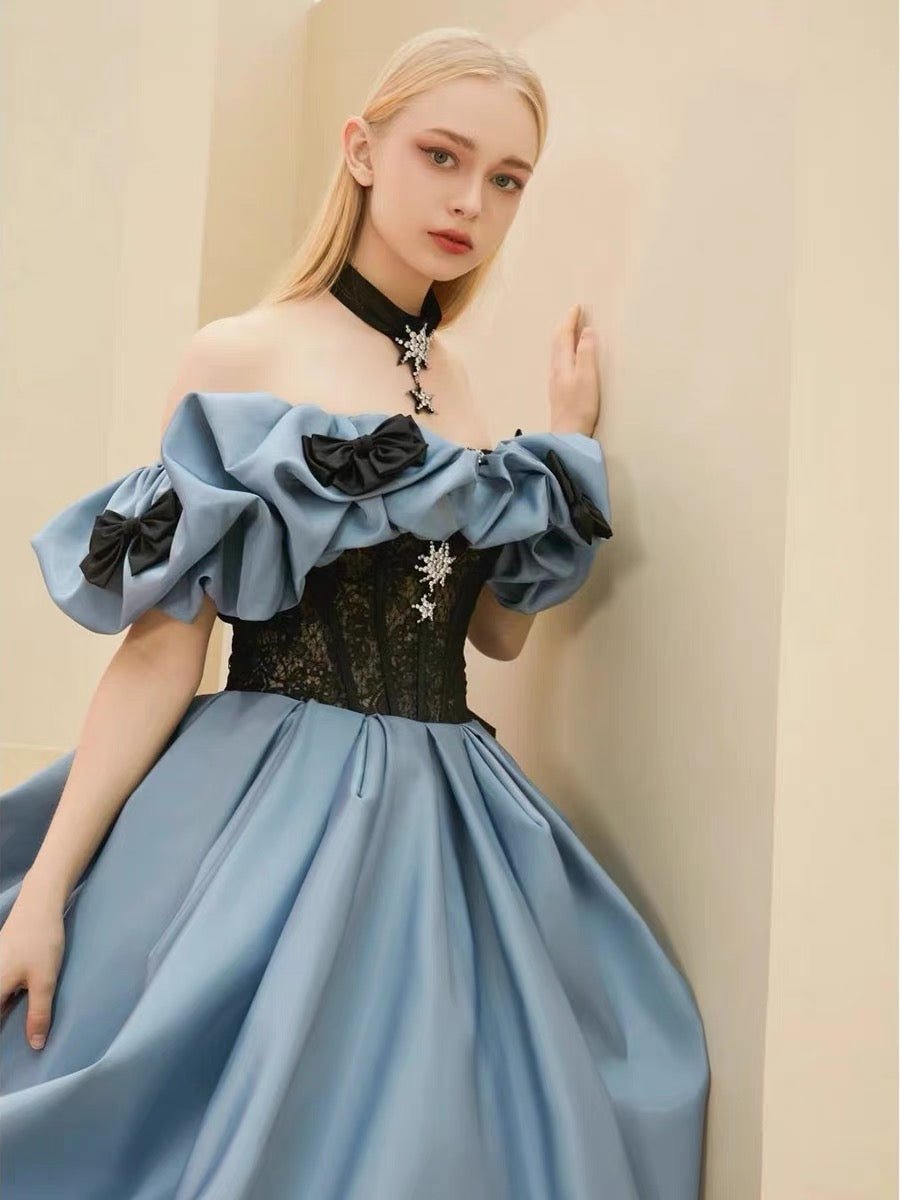 Off Shoulder Blue Princess Style Satin Prom Dress With Crystal - Ball Gown Plus Size - WonderlandByLilian