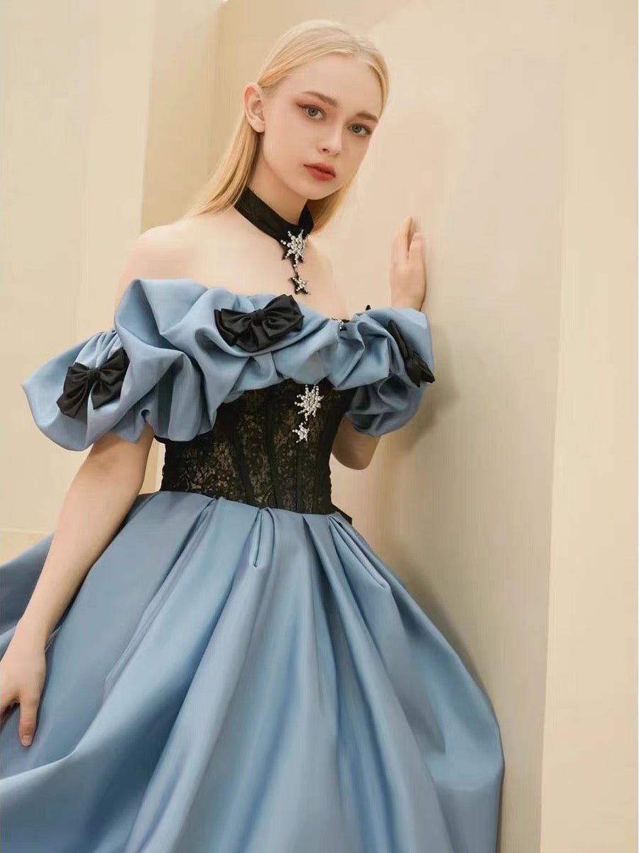 Blue Satin Lace Long Prom Dress, Off Shoulder Evening Dress US 16 / Blue Blue Satin Lace Long Prom Dress, Off Shoulder Evening Dress US 16 / Blue