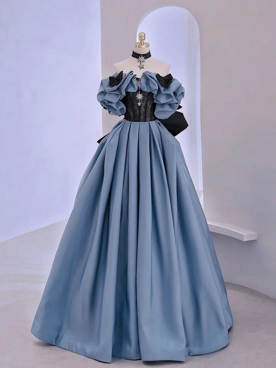 Off Shoulder Blue Princess Style Satin Prom Dress With Crystal - Ball Gown Plus Size - WonderlandByLilian