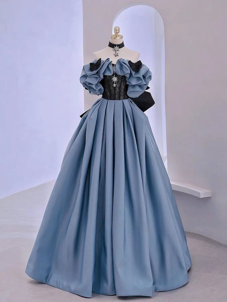Off Shoulder Blue Princess Style Satin Prom Dress With Crystal - Ball WonderlandByLilian Off Shoulder Blue Princess Style Satin Prom Dress With Crystal - Ball WonderlandByLilian