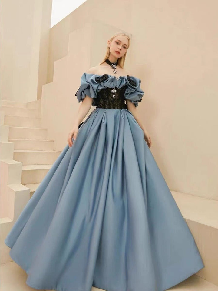 Off Shoulder Blue Princess Style Satin Prom Dress With Crystal - Ball Gown Plus Size - WonderlandByLilian