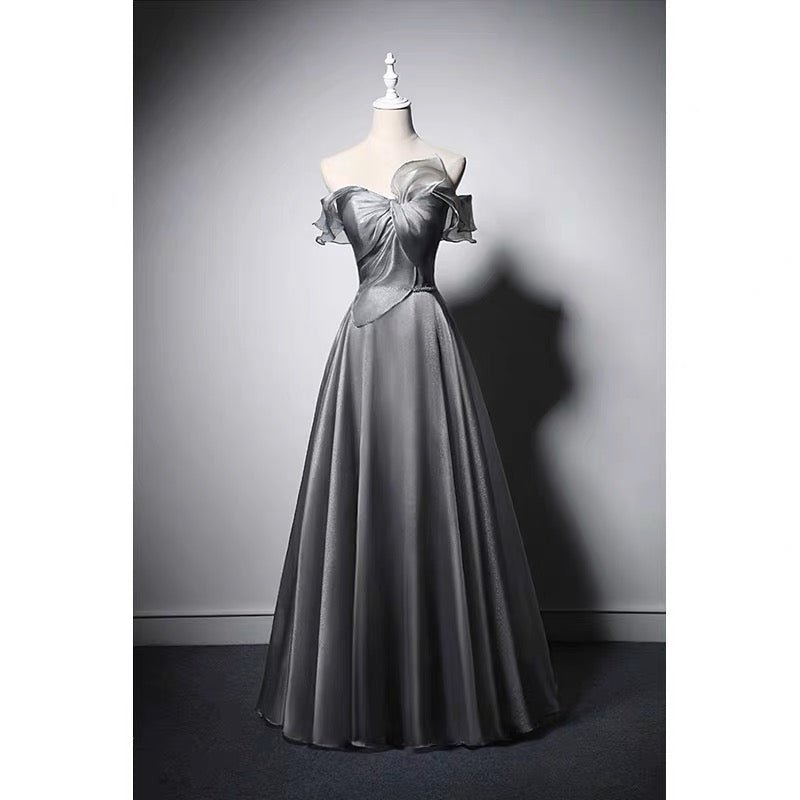 Off Shoulder Bow Tie Grey Corset Evening Gown With Gauze Plus Size - WonderlandByLilian