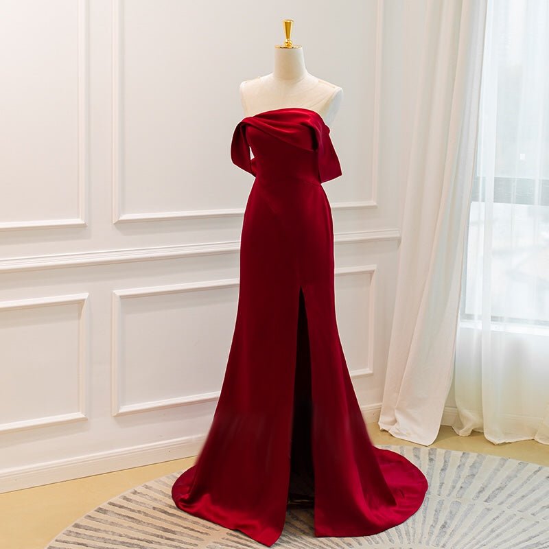 Off Shoulder Burgundy Acetic High-slit Formal Dress Long Plus Size - WonderlandByLilian