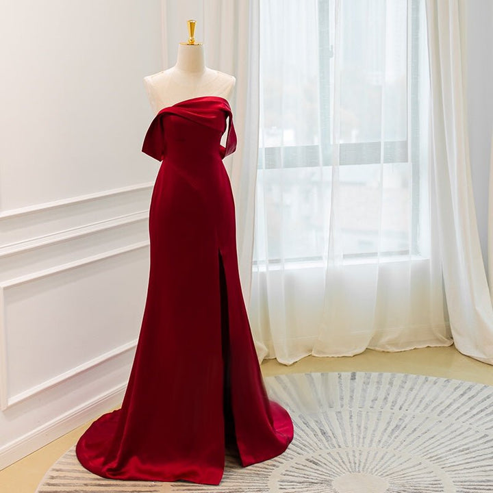 Off Shoulder Burgundy Acetic High-slit Formal Dress Long Plus Size - WonderlandByLilian