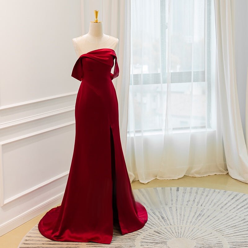 Off Shoulder Burgundy Acetic High-slit Formal Dress Long Plus Size Size 10 / Red