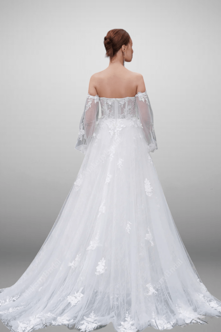 Off Shoulder Floral Light Ivory Lace Long Sleeves Sweetheart Neckline Applique Beaded Wedding Gown US16 / Light Ivory Off Shoulder Floral Light Ivory Lace Long Sleeves Sweetheart Neckline Applique Beaded Wedding Gown US16 / Light Ivory