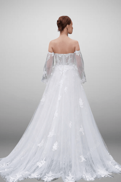 Off Shoulder Floral Light Ivory Lace Long Sleeves Sweetheart Neckline Applique Beaded Wedding Gown - WonderlandByLilian