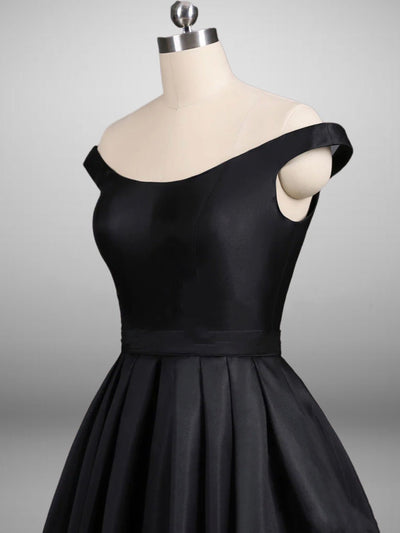 Off-shoulder Gothic Black A-Line Elegant Satin Ball Gown Wedding Dress Plus Size - WonderlandByLilian