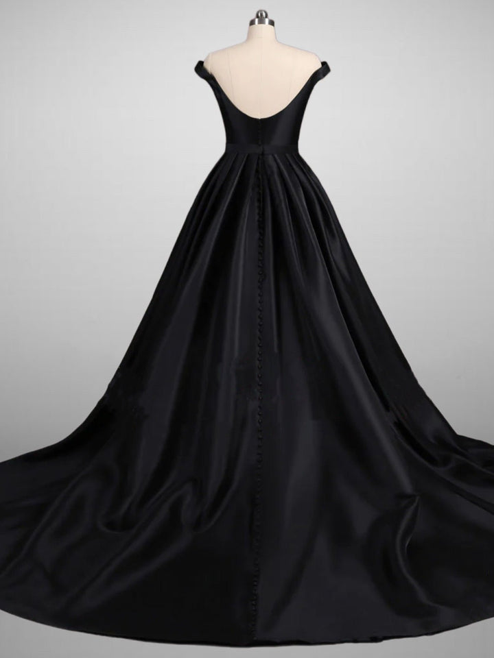 Off-shoulder Gothic Black A-Line Elegant Satin Ball Gown Wedding Dress Plus Size - WonderlandByLilian