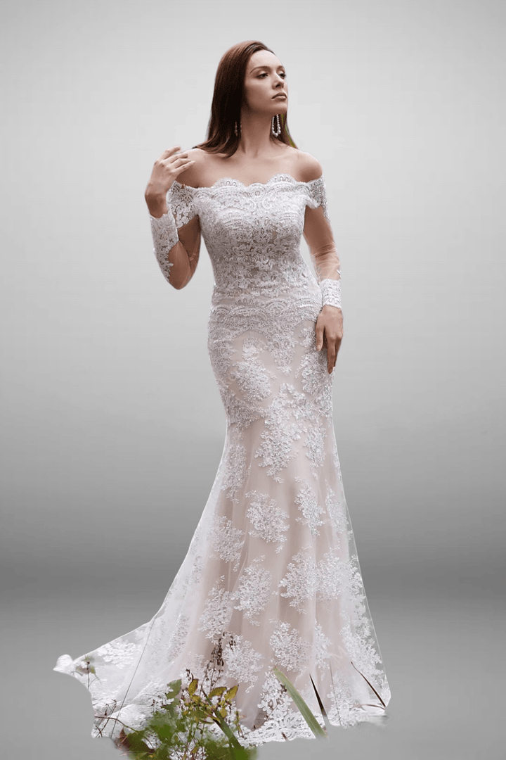 Off Shoulder Lace Mermaid Embroidery Wedding Dress - Plus Size - WonderlandByLilian