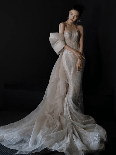 Off Shoulder Mermaid Bow Tie Sequins Wedding Dress - WonderlandByLilian