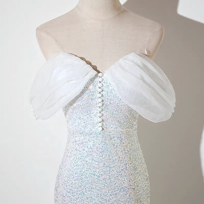 Off Shoulder Puff Sequins WhiteProm Dress Party Dress Evening Wear - WonderlandByLilian