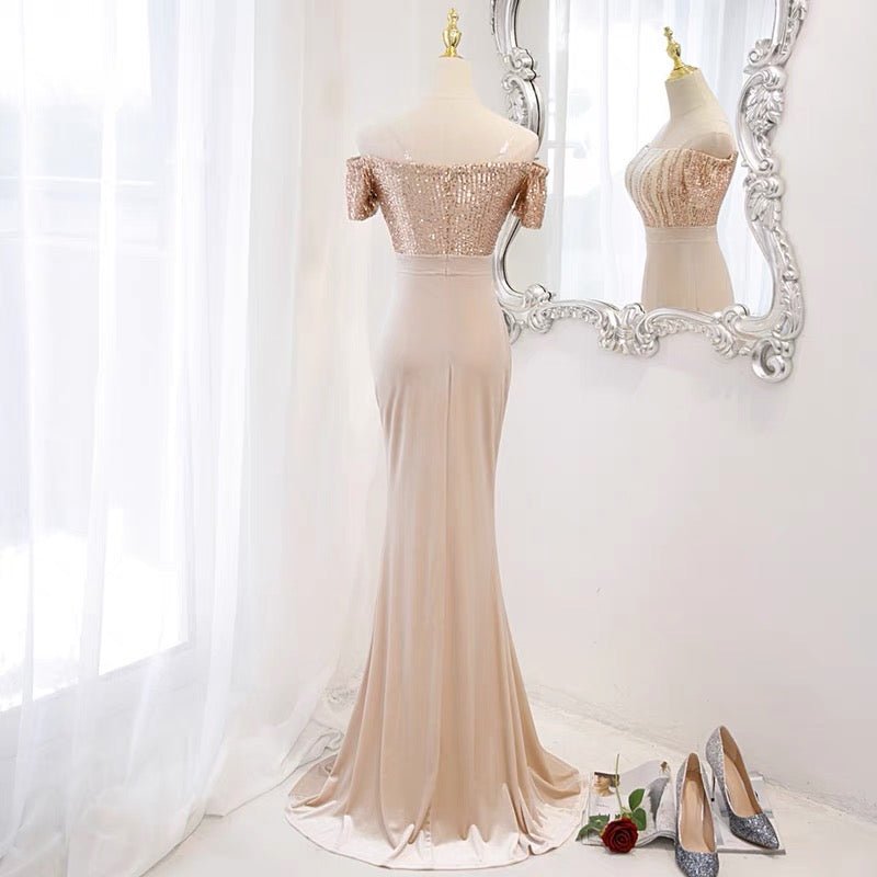 Off Shoulder Sequins Pink Rose Gold Prom Dress Party Dress Evening Wear - WonderlandByLilian