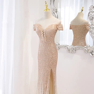 Off Shoulder Sequins Pink Rose Gold Prom Dress Party Dress Evening Wear - WonderlandByLilian