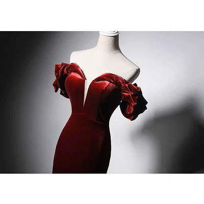 Off-shoulder V-neck Burgundy Velvet Mermaid Formal Dress Plus Size - WonderlandByLilian