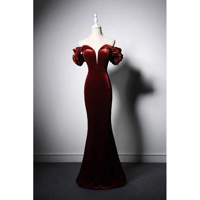 Off-shoulder V-neck Burgundy Velvet Mermaid Formal Dress Plus Size Size 20W / Red Off-shoulder V-neck Burgundy Velvet Mermaid Formal Dress Plus Size Size 20W / Red