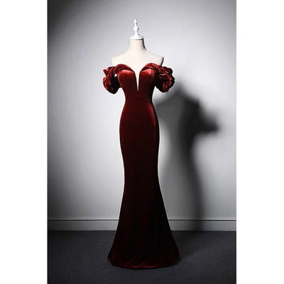 Off-shoulder V-neck Burgundy Velvet Mermaid Formal Dress Plus Size - WonderlandByLilian