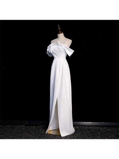 Off Shoulder White Classic Satin Bridal Dress - Evening Gown - WonderlandByLilian