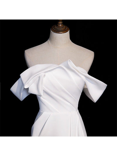 Off Shoulder White Classic Satin Bridal Dress - Evening Gown - WonderlandByLilian