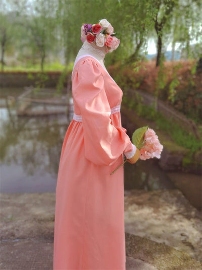 Peach Pink Regency Era Ball Gown With Long Puff Sleeve - Bridgerton Inspired Lace Dress- Plus Size - WonderlandByLilian