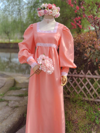 Peach Pink Regency Era Ball Gown With Long Puff Sleeve - Bridgerton Inspired Lace Dress- Plus Size - WonderlandByLilian
