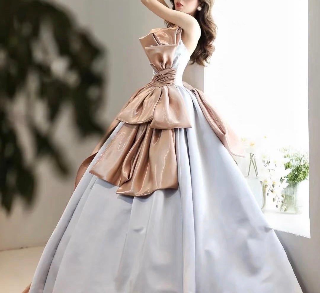 Pink And Blue Fairy Bow Tie Satin Prom Dress - Off Shoulder Ball Gown Plus Size - WonderlandByLilian