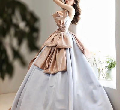 Pink And Blue Fairy Bow Tie Satin Prom Dress - Off Shoulder Ball Gown Plus Size - WonderlandByLilian