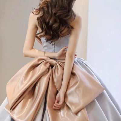 Pink And Blue Fairy Bow Tie Satin Prom Dress - Off Shoulder Ball Gown Plus Size - WonderlandByLilian