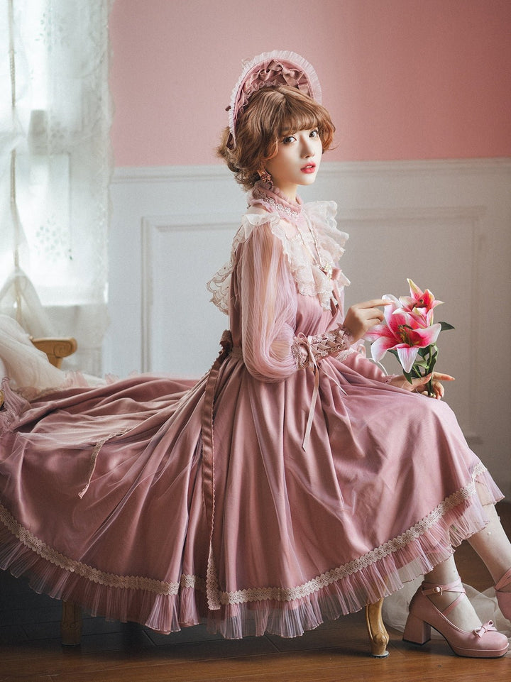 Pink Lolita Long Lace Tea Length Dress - Edwardian Style - Custom Order Plus Size - WonderlandByLilian