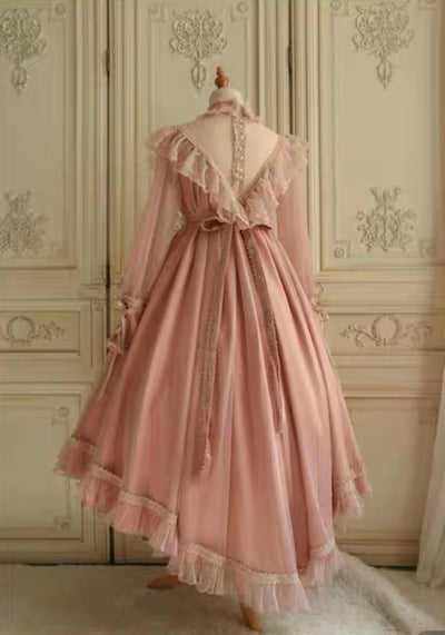 Pink Lolita Long Lace Tea Length Dress - Edwardian Style - Custom Order Plus Size - WonderlandByLilian