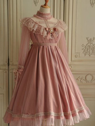 Pink Lolita Long Lace Tea Length Dress - Edwardian Style - Custom Order Plus Size - WonderlandByLilian