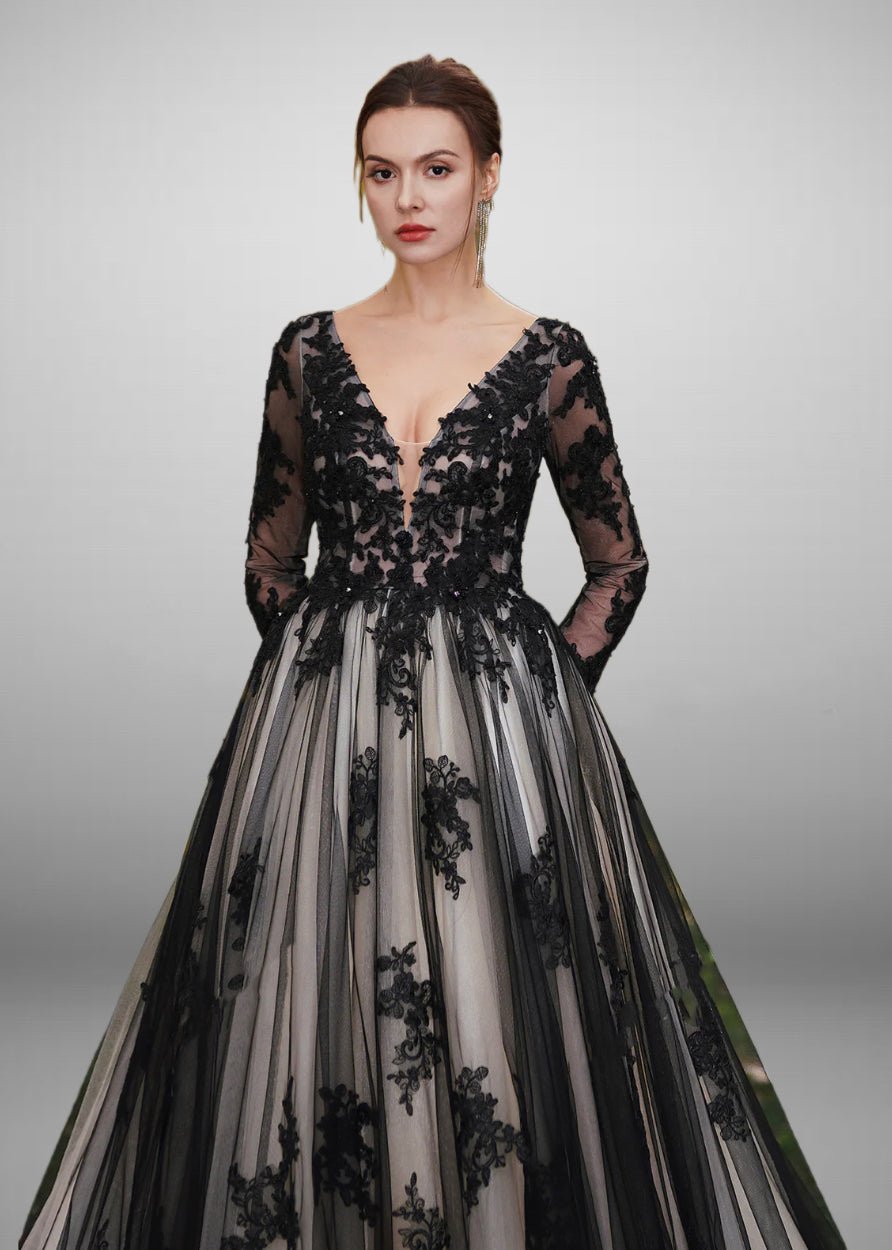 Plus Size Gothic Vintage Black Embroidery A-Line Wedding Dress with NUDE Beaded Appliques US2 / Black OVER NUDE Plus Size Gothic Vintage Black Embroidery A-Line Wedding Dress with NUDE Beaded Appliques US2 / Black OVER NUDE