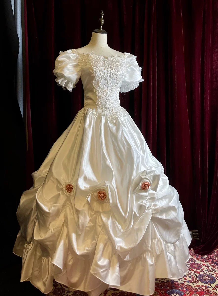 Princess Diana Wedding Dress - Antique White Modest Lace Wedding Dress With Floral Satin - Plus Size - WonderlandByLilian