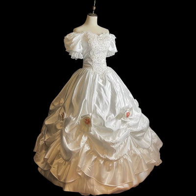 Princess Diana Wedding Dress - Antique White Modest Lace Wedding Dress With Floral Satin - Plus Size - WonderlandByLilian