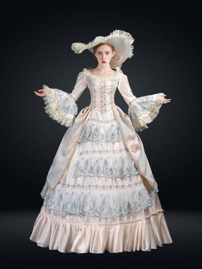 Queen Charlotte Baroque gown Blue and Champagne Lace Embroidered European Court Dress Plus Size - WonderlandByLilian