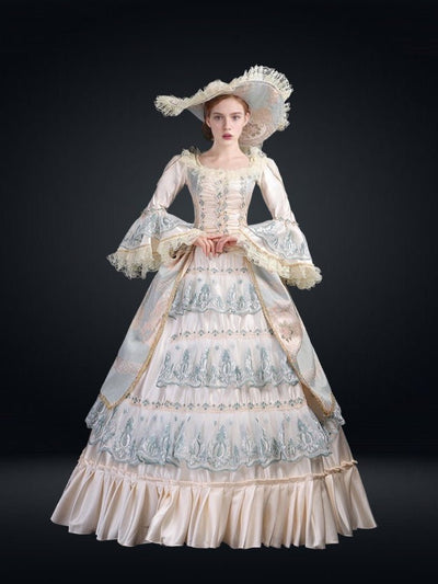 Queen Charlotte Baroque gown Blue and Champagne Lace Embroidered European Court Dress Plus Size - WonderlandByLilian