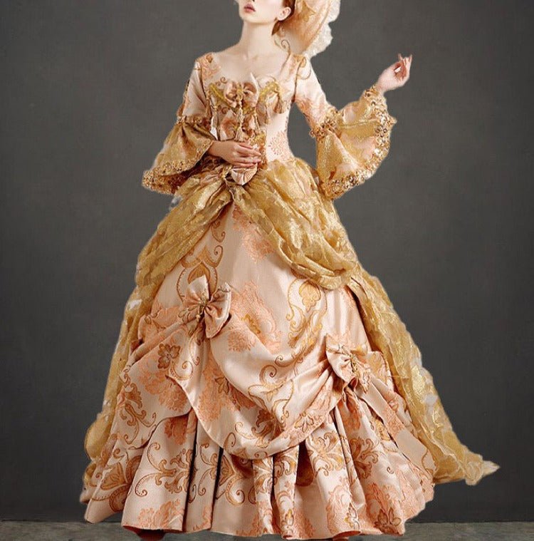 Queen Charlotte Gown European Baroque and Rococo Style Golden Dress with Lace Embroidery - Bridgerton Inspired Plus Size - WonderlandByLilian