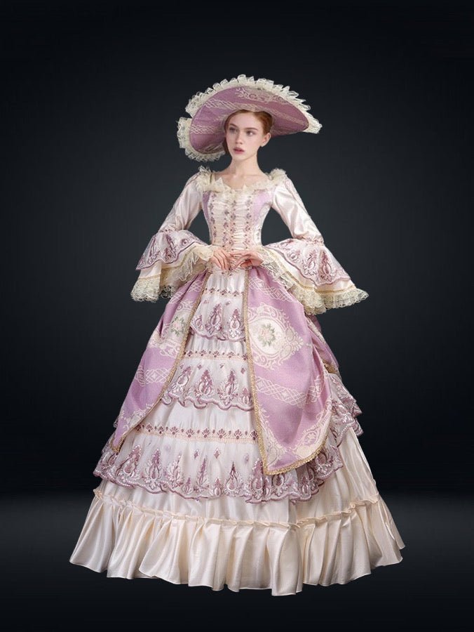 Queen Charlotte Inspired Pink and Champagne Lace Embroidered European Evening Gown - Marie Antoinette Dress Plus Size - WonderlandByLilian