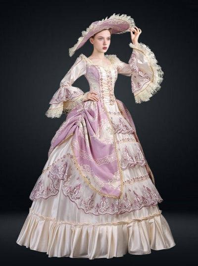 Queen Charlotte Inspired Pink and Champagne Lace Embroidered European Evening Gown - Marie Antoinette Dress Plus Size - WonderlandByLilian