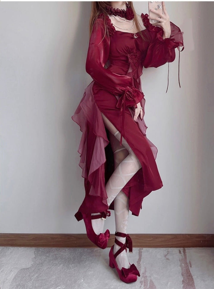 RED GOTHIC LOLITA DRESS - OFF SHOULDER VELVET FLORAL LOLITA DRESS - PLUS SIZE - WonderlandByLilian