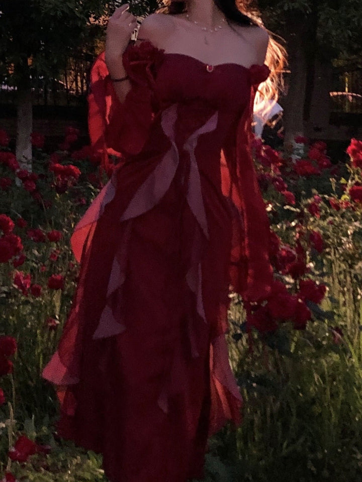 RED GOTHIC LOLITA DRESS - OFF SHOULDER VELVET FLORAL LOLITA DRESS - PLUS SIZE - WonderlandByLilian