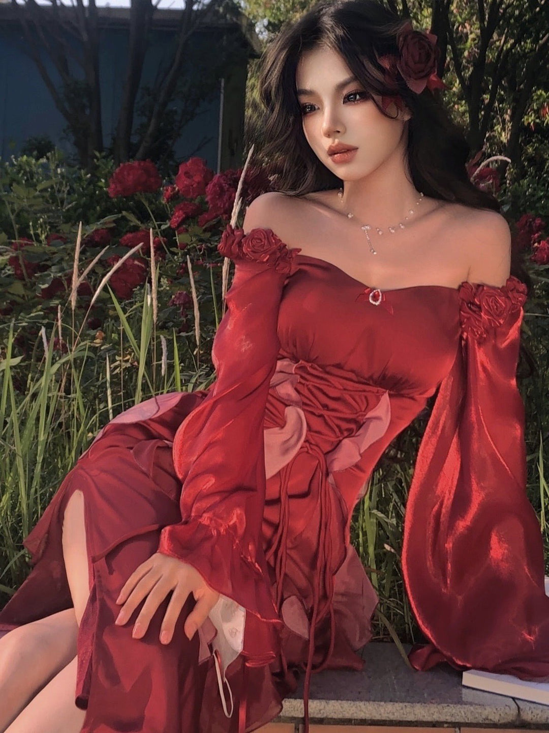 RED GOTHIC LOLITA DRESS - OFF SHOULDER VELVET FLORAL LOLITA DRESS - PLUS SIZE - WonderlandByLilian