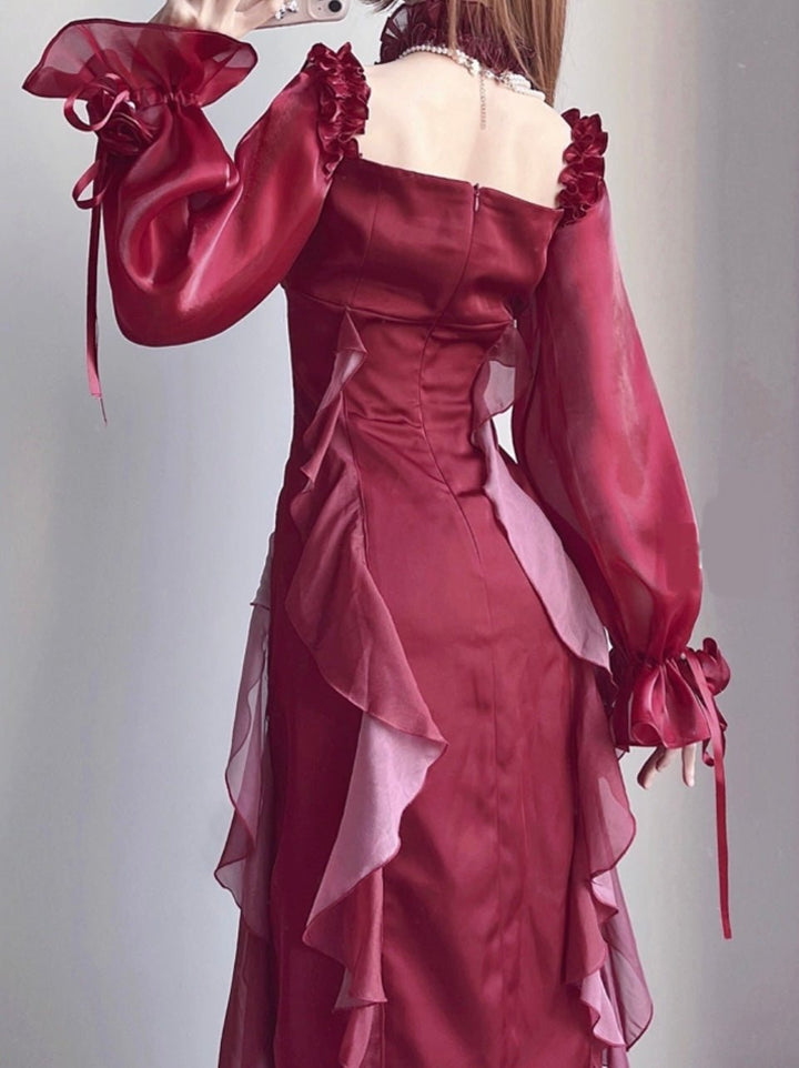 RED GOTHIC LOLITA DRESS - OFF SHOULDER VELVET FLORAL LOLITA DRESS - PLUS SIZE - WonderlandByLilian